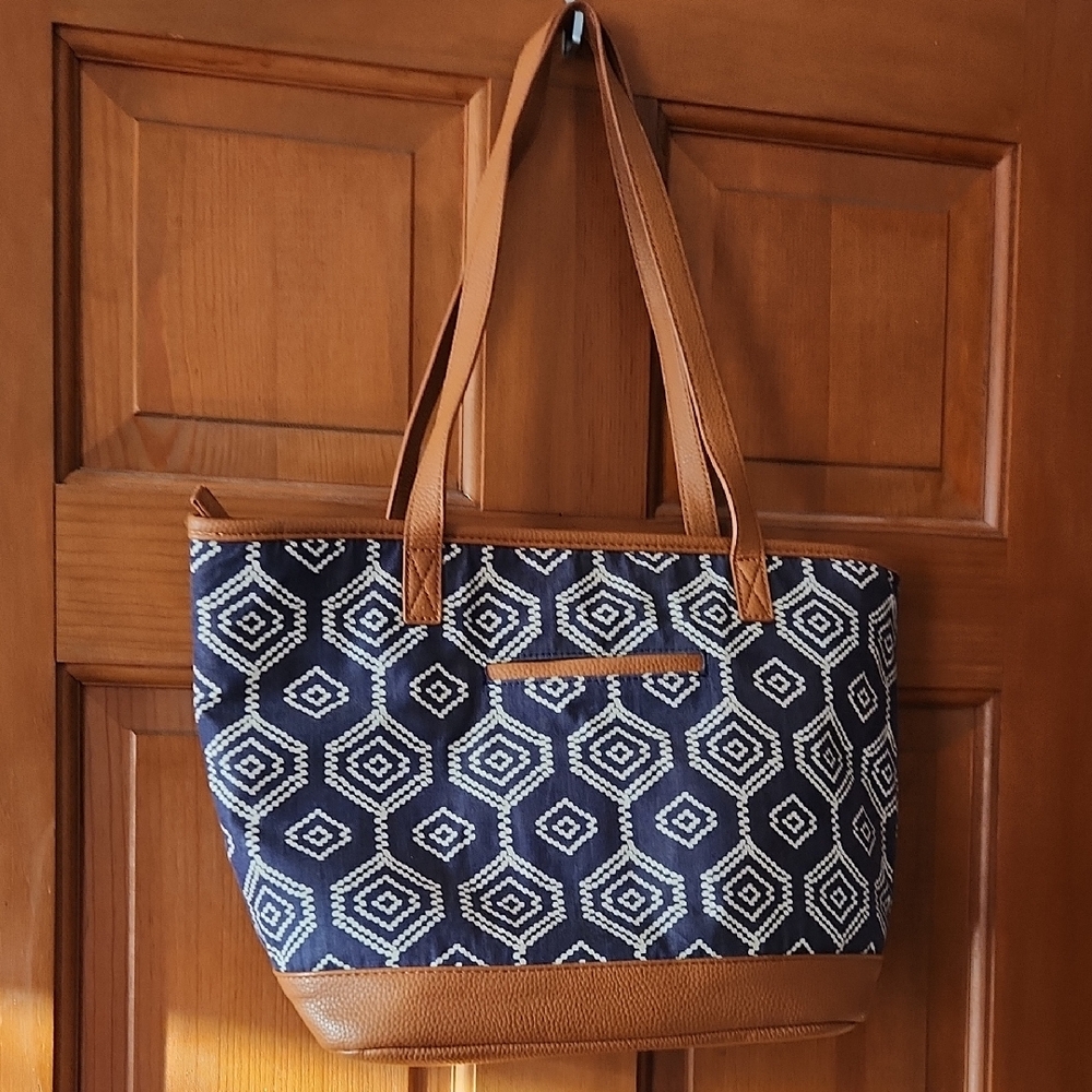 Geometric Patterned Blue and Brown Tote Bag